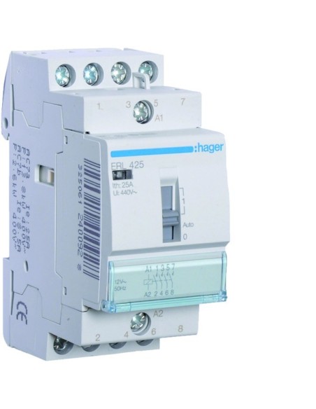 Stycznik z możliwością sterowania ręcznego 12VAC 4NO 25A AC-7a/b ERL425 Hager
