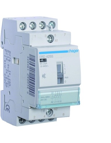 Stycznik cichy z możliwością sterowania ręcznego 24VAC 4NO 25A AC-7a/b ERD425S Hager