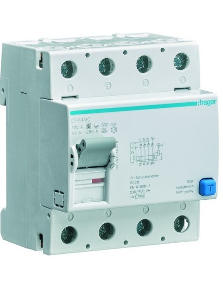 RCCB Wyłącznik różnicowoprądowy selektywny 4P 125A/300mA Typ A-S CPA490 Hager