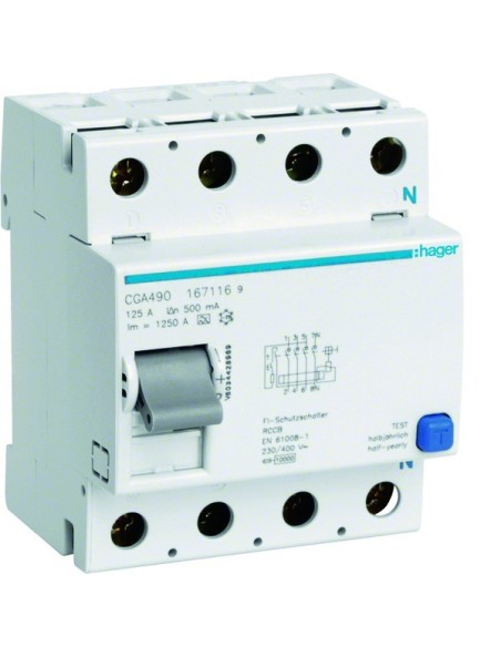 RCCB Wyłącznik różnicowoprądowy 4P 125A/500mA Typ A CGA490 Hager
