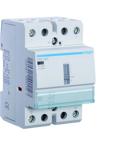 Stycznik z możliwością sterowania ręcznego 24VAC 2NO 63A AC-7a/b ERD263 Hager