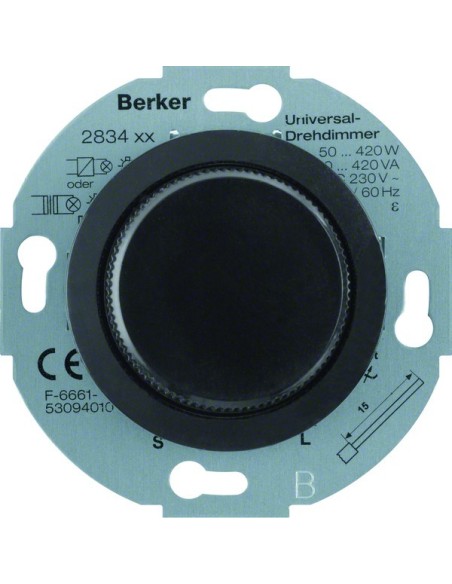 Serie 1930/Glas Ściemniacz uniwersalny z płynną regulacją i elementem centralnym i pokrętłem regulacyjnym, czarny 283411 Berker