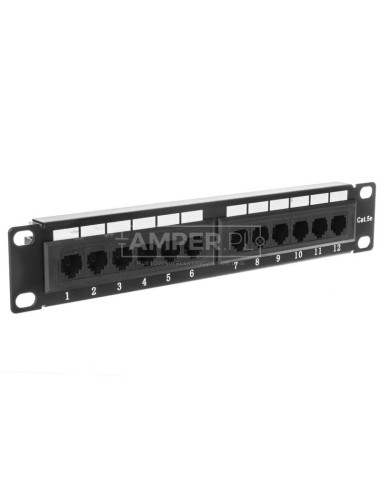 Patch panel 10 cali 1U 12 portów RJ45 cat 5e wyposażony czarny 10-0004