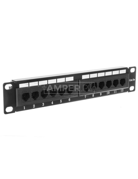 Patch panel 10 cali 1U 12 portów RJ45 cat 5e wyposażony czarny 10-0004