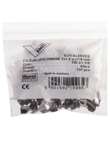 Końcówka tulejkowa izolowana TID 2x1,5mm2/8mm czarna cynowana TID2x1,5L8 /100szt./