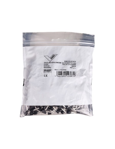 Końcówka tulejkowa izolowana TID 2x1,5mm2/12mm czarna cynowana TID2x1,5L12x500 /500szt./