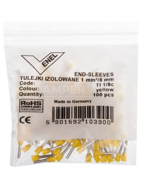 Końcówka tulejkowa izolowana TI 1mm2/8mm żółta cynowana TI1L8DE /100szt./