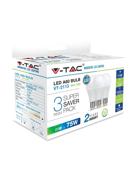 Żarówka LED VT-2113 11W E27 A60 2700K 1055lm A+ 200st. 3szt./op. 7352