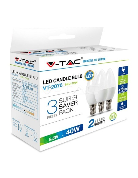 Żarówka LED VT-2076 5.5W E14 CANDLE 4000K 470lm A+ 200st. 3szt./op. 7264