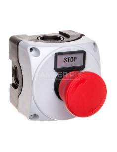 Obudowa szara LPZ P1 A8 z przyciskiem LPCB6344 i etykietą STOP LPZP1B802