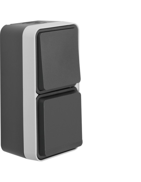 W.1 Łącznik uniwersalny z gniazdem z uziemieniem pionowy, kompletny, IP55, szary 6768843515 Berker Hager