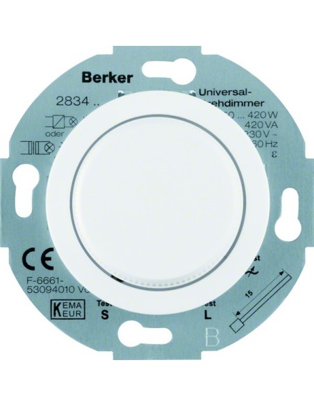 Serie 1930/Glas Ściemniacz uniwersalny z płynną regulacją i elementem centralnym i pokrętłem regulacyjnym, biały 283410 Berker H