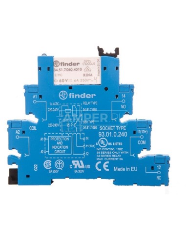 Przekaźnikowy moduł sprzęgający 6,2mm, 1P 6A 220-240V AC/DC, styki AgSnO2, zaciski śrubowe, szyna DIN 38.51.0.240.4060