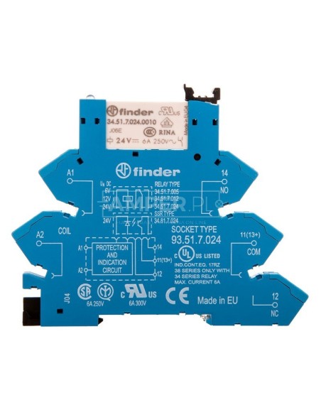 Przekaźnikowy moduł sprzęgający 6,2mm, 1P 6A 24V DC, styki AgNi, zaciski sprężynowe, szyna DIN 38.61.7.024.0050