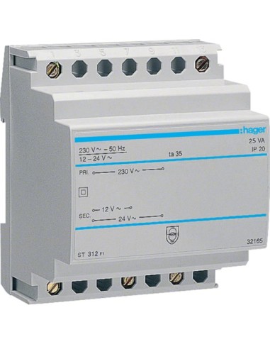 Transformator bezpieczeństwa 12V 2.08A 24V 1.04A Hager ST312 - hurtownia elektryczna Amper.pl