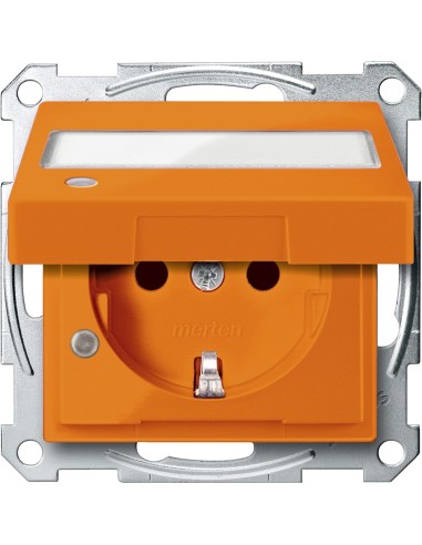 Gniazdo SCHUKO z klapką, p.opis., sygn. zał. przesł., b.śrub., pomarańcz., Sys M Merten MTN2313-0302 Schneider