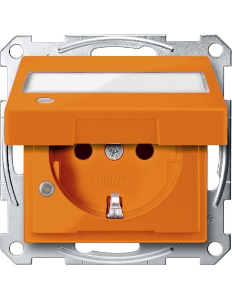Gniazdo SCHUKO z klapką, p.opis., sygn. zał. przesł., b.śrub., pomarańcz., Sys M Merten MTN2313-0302 Schneider
