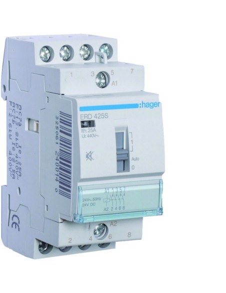 Stycznik cichy z możliwością sterowania ręcznego 24VAC 4NO 25A AC-7a/b ERD425S Hager