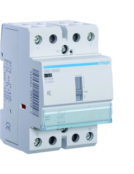 Stycznik cichy z możliwością sterowania ręcznego 24VAC/DC 2NO 63A AC-7a/b ERD263S Hager